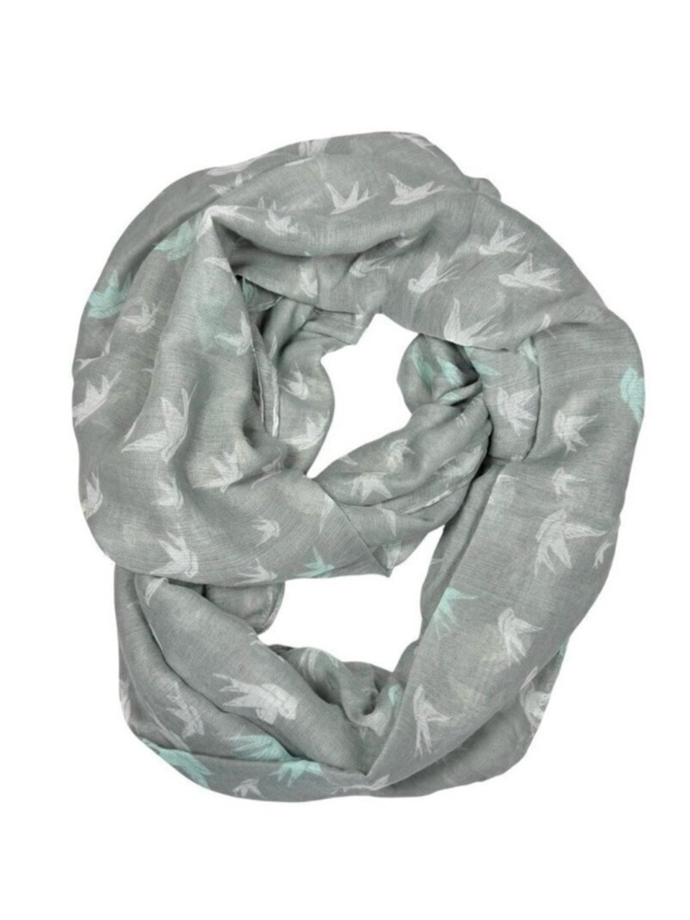 NWOT Infinity Scarf Light Gray Bird Print Viscose Boho Grunge